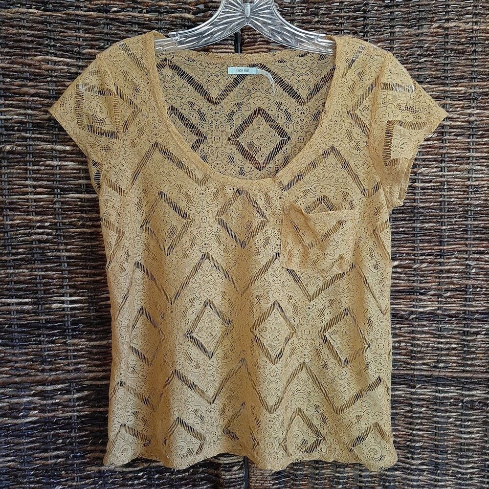 Kimchi Blue Sheer Lace Tee Shirt Mustard Gold Whimsical Dainty Fairy Romantic XS